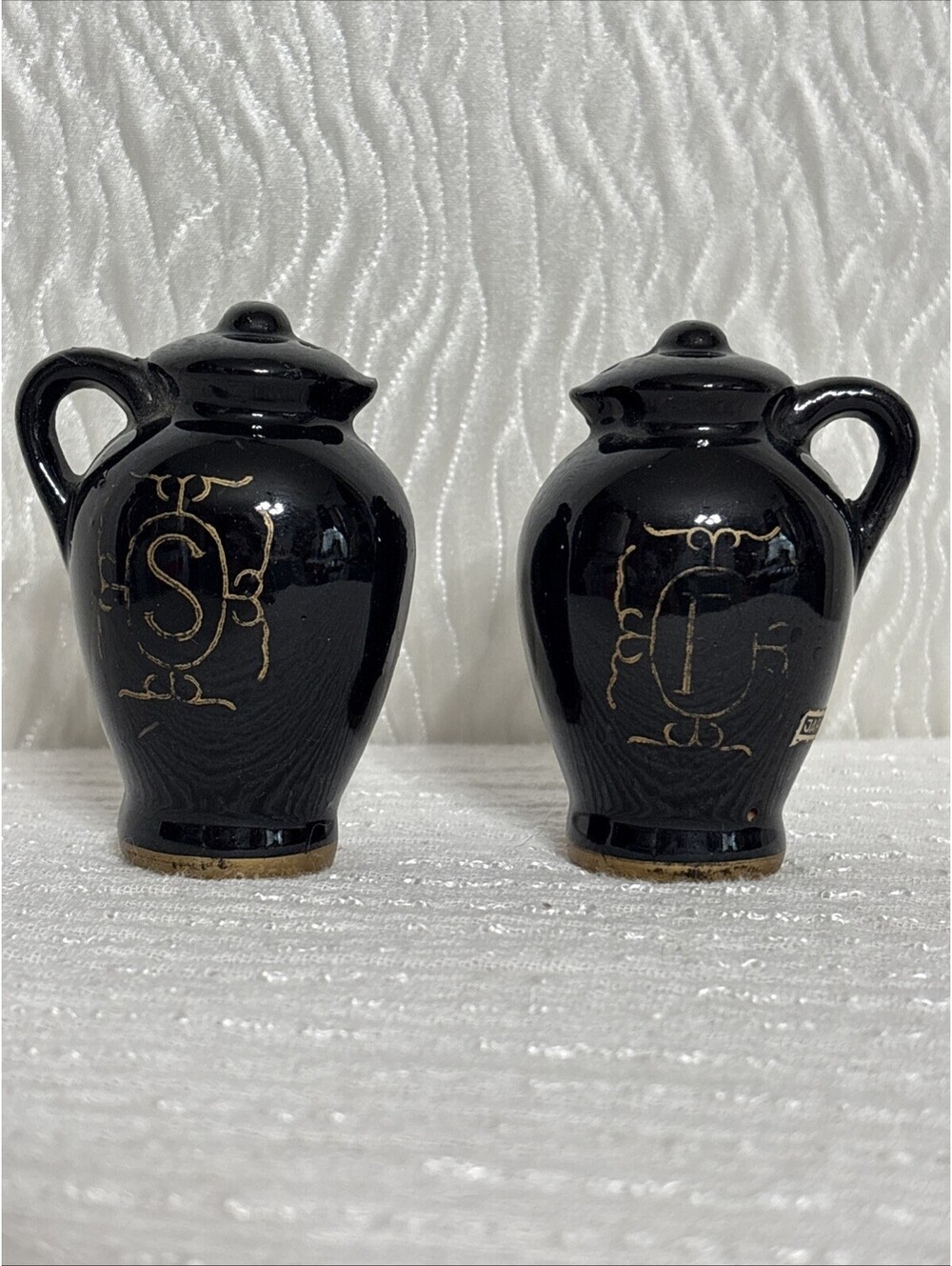 Vintage Redware Pottery Black Pitchers Salt and Pepper Shaker Set W/Stoppers